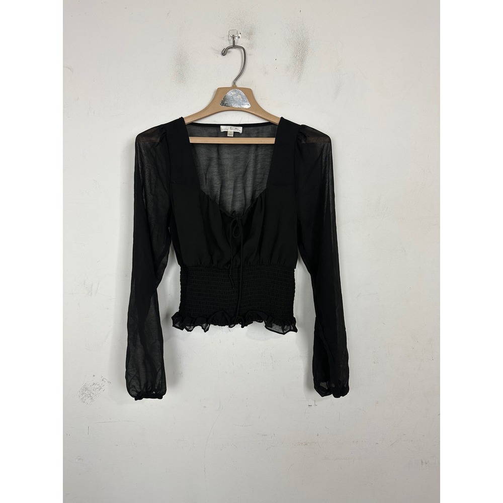 Nine Britton Womens Black Smocked Crop Top Long Sleeve Sheer Sweetheart Small